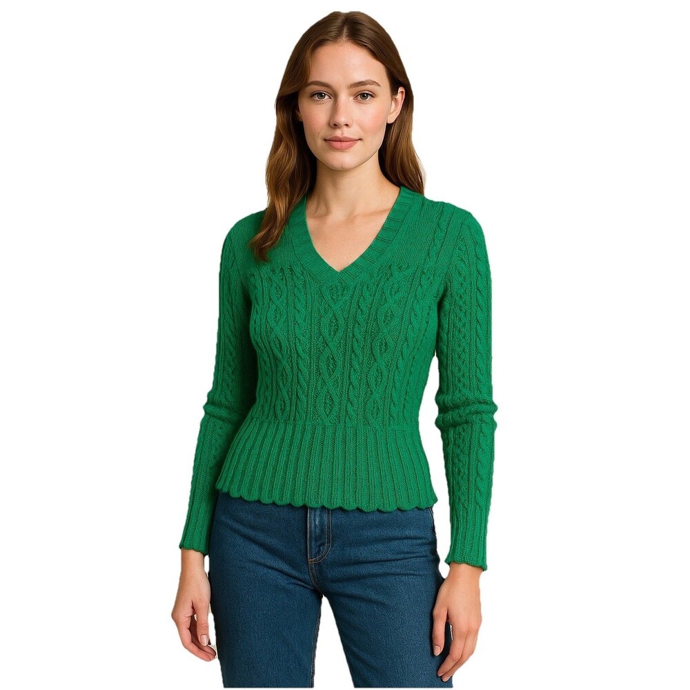 VTG Leslie Fay Sweater Size 10 Green Crochet V Neck Pointelle